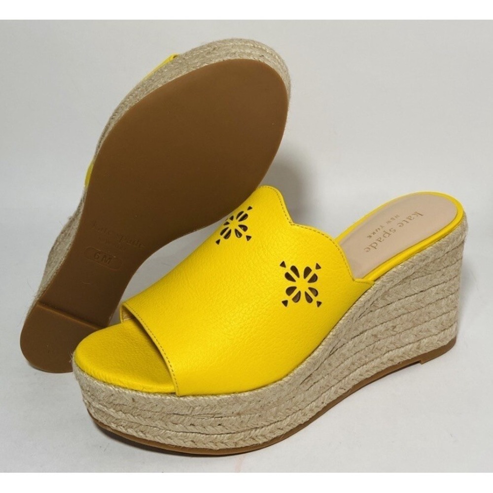Kate Spade Women's Wedge Size 7 Mule Sandal Yellow Tenley Leather Espadrille - Picture 6 of 9